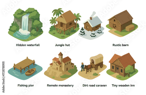 Charming cartoon landscapes featuring eight distinct settings and wooden structures