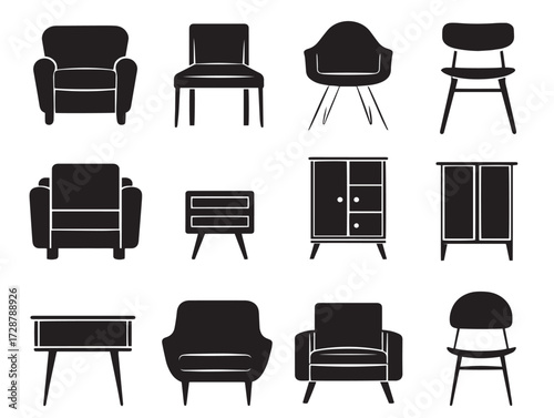 Furnitures silhouette icon vector illustration solid black essential living room items