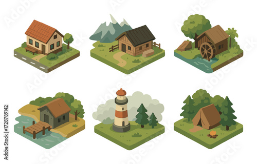 Charming isometric rural landscapes with cozy cabins and lush nature