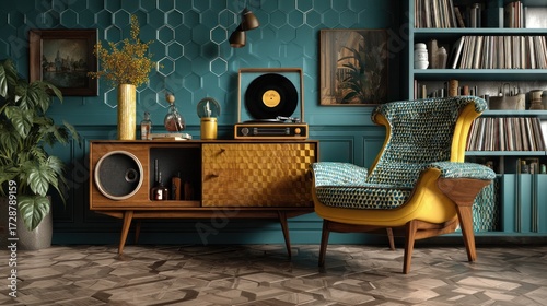 Retro interior with a vinyl record player, chair, and bookshelf for a relaxed space