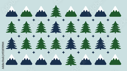 Repeating pattern of christmas trees and mountains with snow caps on a light blue background design