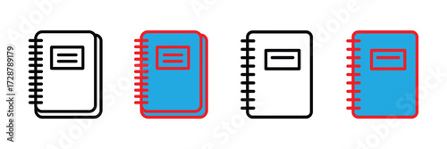 Set of four notebook icons, two in outline and two in blue with red borders, isolated on transparent background
