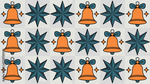 Repeating pattern of orange bells with bows and blue stars on a light background in a tiled arrangement