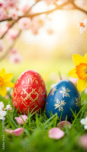 Decorative Easter eggs on grass with yellow flowers in spring  