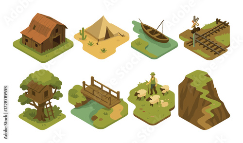 Isometric rural life scenes with barn, tent, canoe, railroad, treehouse, bridge, shepherd, and mountain path