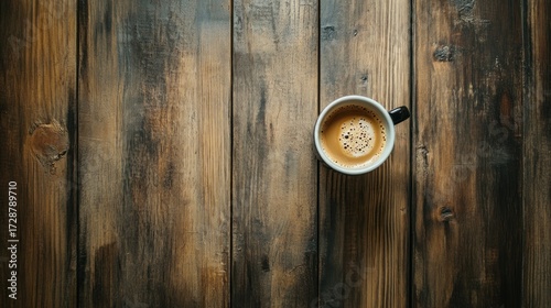 Espresso in white cup on dark wooden planks