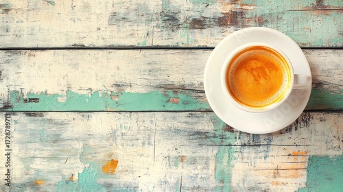 Empty espresso cup on weathered wooden table