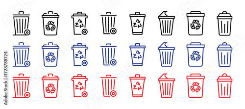 Collection of various trash can and recycling bin icons in black, blue, and red outlines, isolated on transparent background