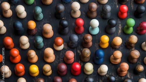 Colorful wooden pegs arranged in a dense grid pattern on a dark background