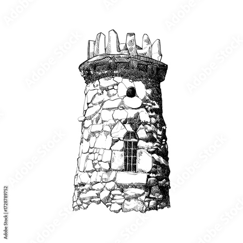 An old stone tower line art sketch with detail shading on it 