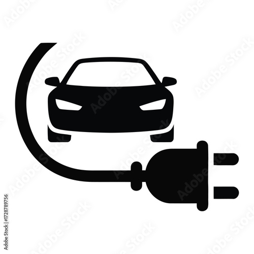 Electric vehicle icon with power plug and cable, black silhouette illustration symbolizing eco transport, clean energy, and mobility shift