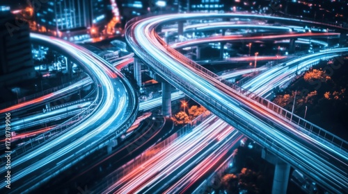 Night city highway overpass with light trails