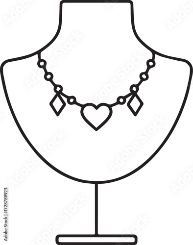 Jewelry display stand with heart and diamond pendant necklace black and white vector illustration fashion concept