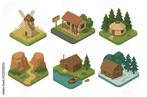 Isometric rural landscapes with windmill, cabin, yurt, canyon, hut, and watermill