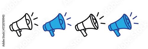 Set of four megaphones, two in blue and two in outline, isolated on transparent background