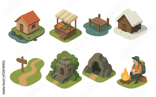 Isometric icons: house, market, dock, cabin, sign, ruins, cave, camper by fire