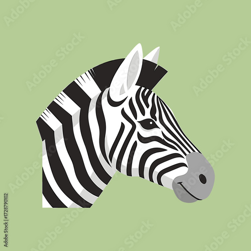 A stylized illustration of a zebra's head, showcasing black and white stripes against a green background.