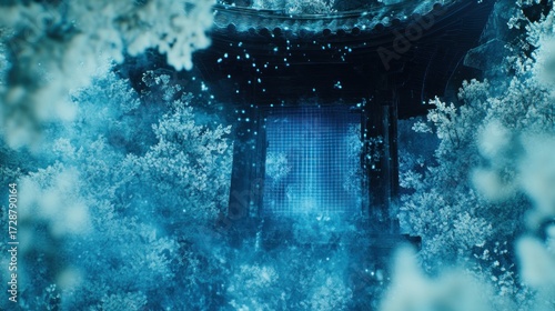 Mystical Asian-style pavilion, enveloped in a blue haze, surrounded by trees