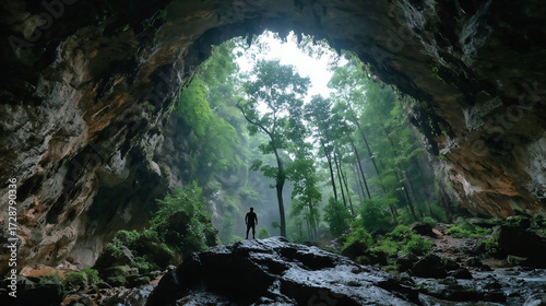 Man standing in front of a cave entrance.