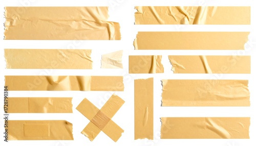 Assorted pieces of crumpled, torn, and overlapping adhesive tape