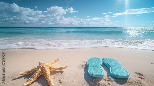 Sunny beach scene with starfish and flip-flops