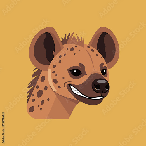 Cartoon illustration of a hyena's head with a sly grin, featuring brown spots and a tan background.