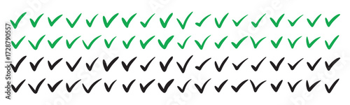 Rows of green and black check marks isolated on transparent background