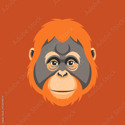 A stylized, cartoon-like illustration of an orangutan's face, centered against an orange background.