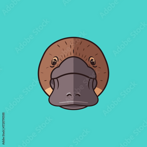 A stylized illustration of a platypus head, facing forward against a turquoise background.