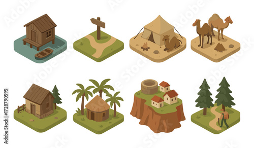 Isometric adventure tiles: wilderness camps, canoe, camels, cottages, forest hike