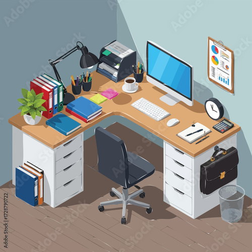 Isometric Office Desk Illustration: Computer, Chair, Files, Lamp, & Stationery - Modern Workspace Design Vector Graphic