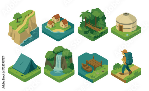 Collection of scenic camping and travel icons in nature illustration