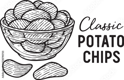 Classic potato chips bowl black and white vector illustration snack food vintage packaging concept design