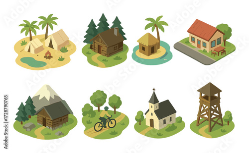 Cartoon map elements: campsite, cabins, house, beach hut, church, tower, mountains, cyclist