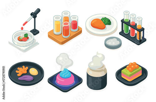 Futuristic gastronomy elements with test tubes and molecular dishes