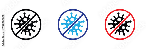 Set of three icons representing prohibition of virus, isolated on transparent background