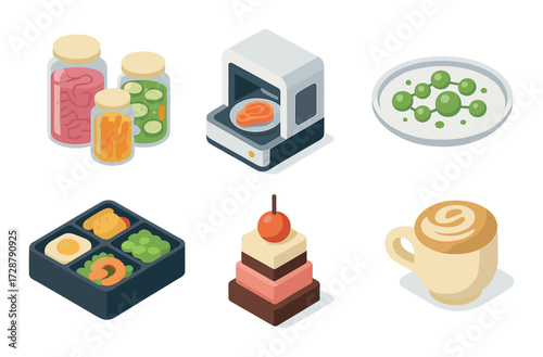 Isometric food icons with 3d printer and meal illustrations
