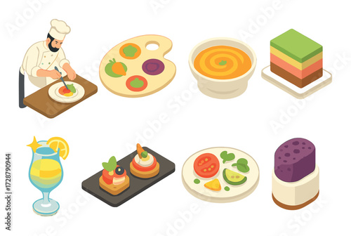 Chef preparing gourmet dishes and colorful desserts in a modern kitchen
