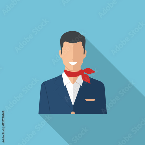 Flat illustration of a smiling flight attendant, wearing a red scarf, with a long shadow.