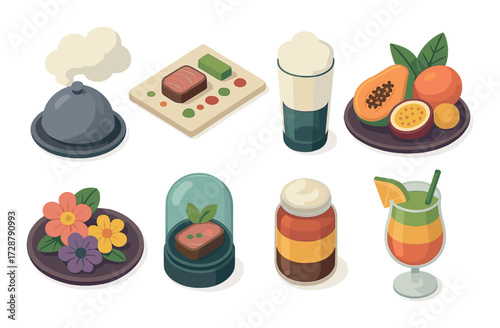 Colorful gourmet dishes and drinks collection in vibrant illustration