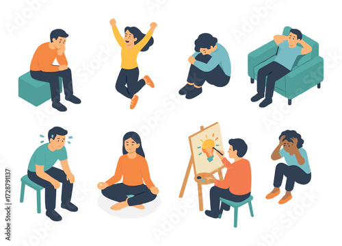 Diverse group expressing various emotions and activities in colorful illustrations