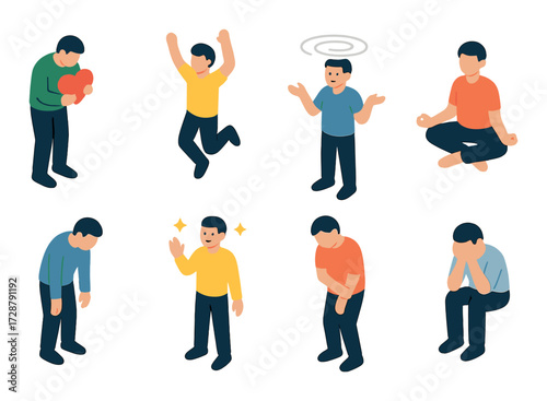 Animated young male characters displaying various emotions and activities