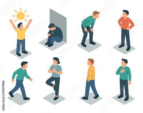 Isometric emotional states: happiness, sadness, anxiety, confidence depictions