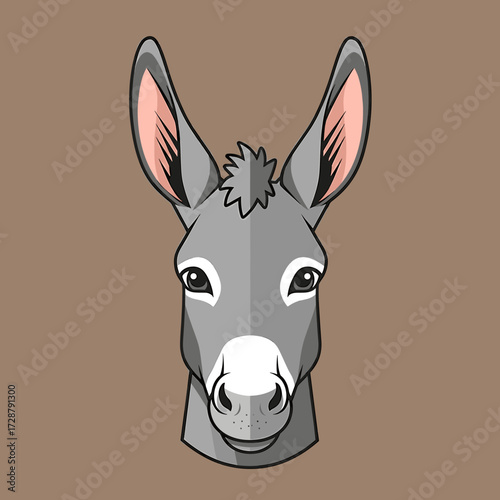 A front-facing, stylized illustration of a grey donkey's head, showcasing its features.