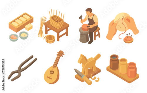 Artisan craftsmanship: pottery, basket weaving, sewing, culinary, music, woodwork, painting