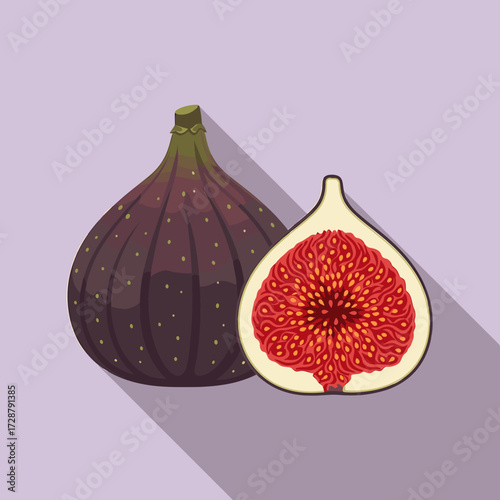 A whole fig next to a sliced fig, showing the detailed interior on a purple background.
