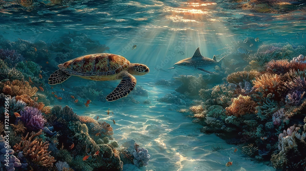 Obraz premium A majestic sea turtle and a great white shark peacefully coexist in a vibrant, sunlit coral reef ecosystem, showcasing the beauty of marine life