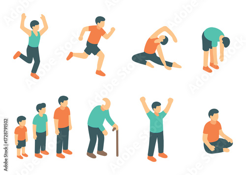 Stages of human growth and exercise: illustrated caucasian males from child to elderly