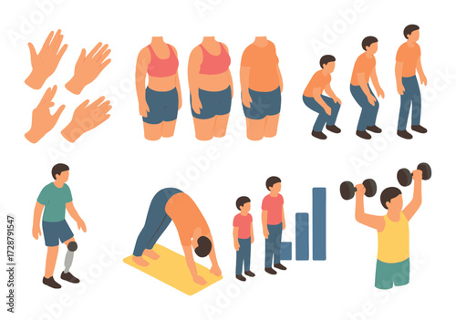 Fitness routine with exercises and diverse figures in warm colors