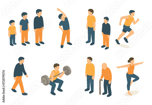 Asian adults engaging in fitness activities: running, lifting, stretching, and walking